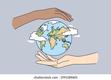 Environment saving, traveling, protecting earth concept. Two human hands holding planet Earth taking care of nature and ecology, supporting ecology vector illustration 