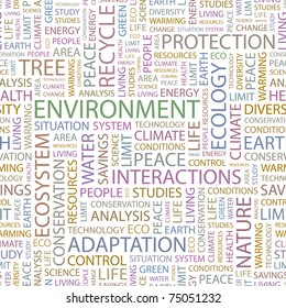 ENVIRONMENT. Seamless vector pattern with word cloud. Illustration with different association terms.