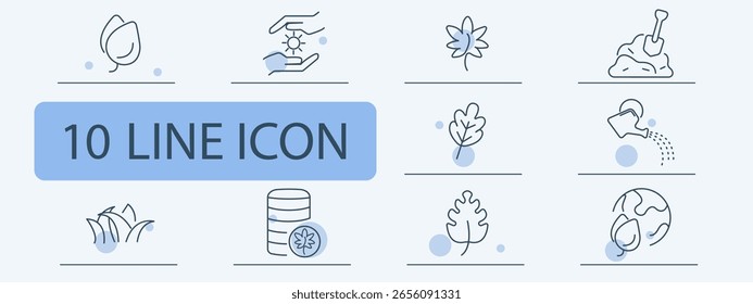 Environment set icon. Line icons showing leaf, hands with sun, maple leaf, soil with shovel, plant watering, grass, seed packet, oak leaf, earth with leaf