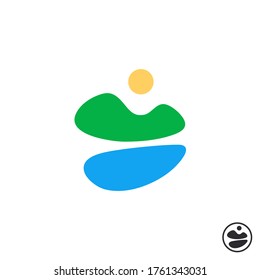 Environment sign. Travel logo. Landscape icon. Vacation Logo Design. Hill, grass, mountains, field, sea, lake, sun. Discovery world. Kids logo. Flat style. Identity design. Branding