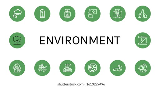 environment simple icons set. Contains such icons as Pollution, Plant, Tank, Reuse, Growth, Deforestation, Park, Oil rig, Factory, Fossil, can be used for web, mobile and logo