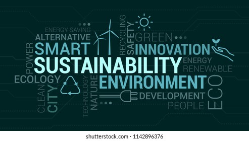 Environment, smart cities and sustainability tag cloud with icons and concepts