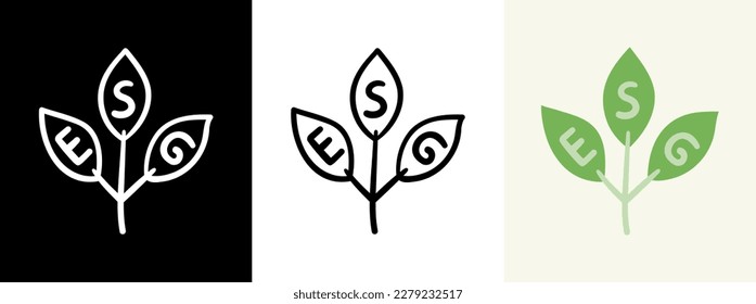 Environment Social Governance concept icon. Three ESG hand drawn signs black and white and green leaves variation. Corporate sustainability performance, social responsibility. Vector illustration