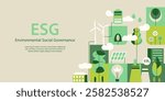 Environment, Social, Governance and sustainability development concept, vector horizontal banner, ecology background with flat illustration and copyspace