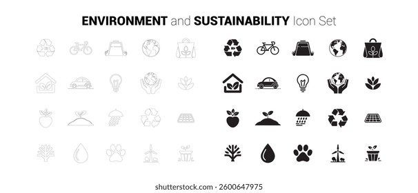 Environment and Sustainability icons set. Editable minimalist vector icons. Flat and Outline. Perfect for web and app interfaces, presentations, info graphics, etc. In black color on a white backgroun