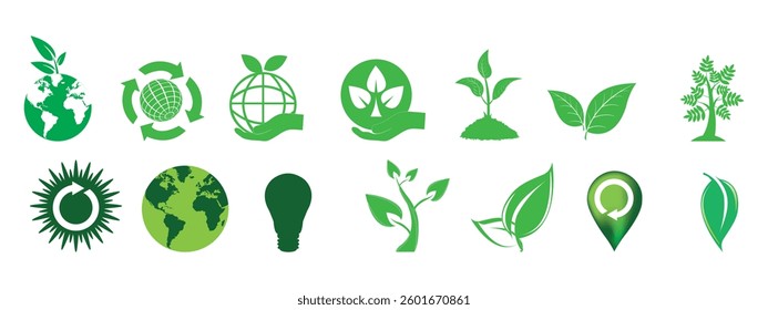 Environment, sustainability, nature. Solid icons vector illustration collection. Eps 10.