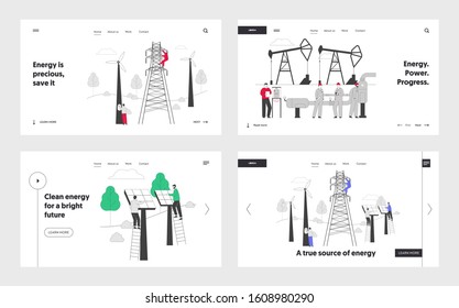 Environment, Sustainable Green Energy, Gas Industry Website Landing Page Set. People Using New Technologies for Power, Mining Resources Web Page Banner. Cartoon Flat Vector Illustration, Line Art