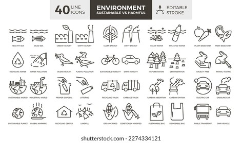 Environment, Sustainable vs Harmful. Vector thin line 40 icons set with editable stroke. Icons representing healthy concepts and unhealthy unsustainable concepts. Nature protection, planet care