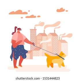 Environment Toxic Gas Pollution, Industry Factory Smog Danger Concept. Woman Character in Protective Face Mask from Dirty City Air, Fine Dust, Industrial fog. Flat Cartoon Vector Illustration