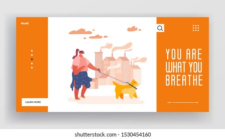 Environment Toxic Gas Pollution Website Template, Industry Factory Smog Danger Concept Landing Page and Web. Woman Character in Protective Mask. Dirty Dust Air, Industrial Fog. Vector Illustration