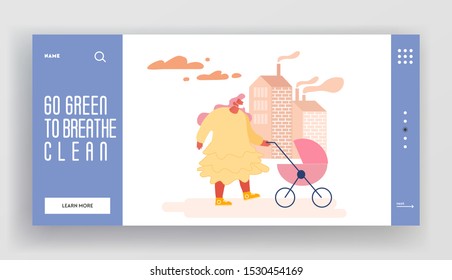 Environment Toxic Gas Pollution Website Template, Industry Factory Smog Danger Concept Landing Page and Web. Woman Character in Protective Mask. Dirty Dust Air, Industrial Fog. Vector Illustration
