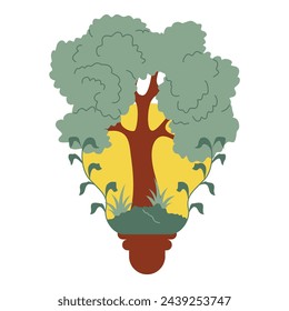 Environment of tree and plants nature on light bulb. Vector illustration in flat style with environment theme. Editable vector illustration.