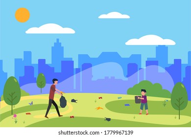 Environment vector concept: father and son collecting garbage on the green city park