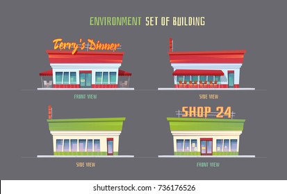 Environment vector elemets for game, animation, illustration. Set of buildings. Colorful cartoon style. Cafe and shop.