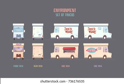Environment vector elemets for game, animation, illustration. Colorful cartoon style. Set of meat and fish trucks.