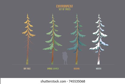 Environment vector elemets for game, animation, illustration. Colorful cartoon style. Set of fir trees in different seasons.