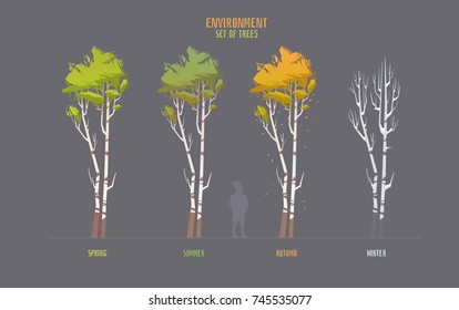 Environment vector elemets for game, animation, illustration. Colorful cartoon style. Set of big trees in different seasons.