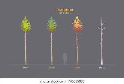 Environment vector elemets for game, animation, illustration. Colorful cartoon style. Set of big trees in different seasons.