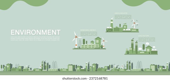 El concepto de ilustración del vector de entorno. Sostenibilidad. Estación de energía renovable eléctrica con molinos de viento, planta de energía solar y fábrica de carbón que genera electricidad para la industria. 