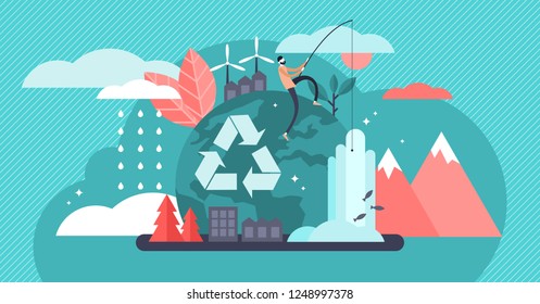 Environment vector illustration. Renewable nature resources collection for earth sustainability. People effect on climate change. Alternative energy and organic thinking and lifestyle. Recycle symbol.