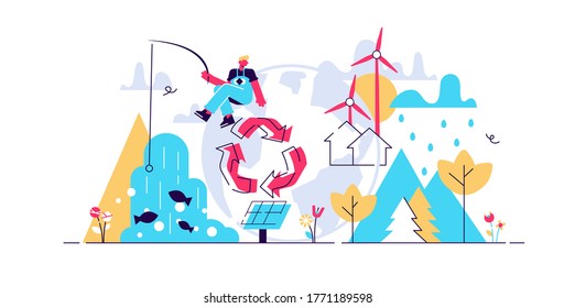 Environment vector illustration. Renewable nature resources collection for earth sustainability. People effect on climate change. Alternative energy and organic thinking and lifestyle. Recycle symbol.