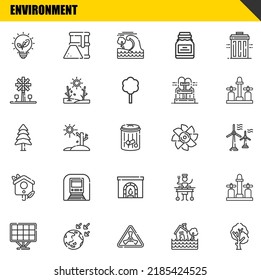 environment vector line icons set. renewable energy, solar panel and pine Icons. Thin line design. Modern outline graphic elements, simple stroke symbols stock illustration