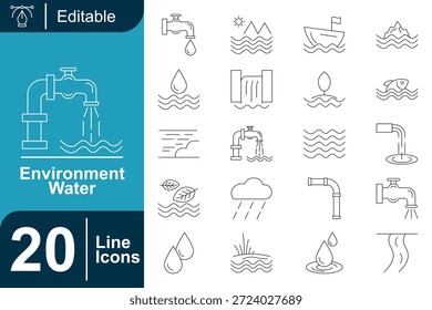 conjunto de ícones de linha de água do ambiente com gotas, ondas, torneiras, rios, chuva, filtragem e símbolos de conservação de água. Ideal para conceitos de ecologia, sustentabilidade, projetos de água limpa, educação ambiental e design ecológico.