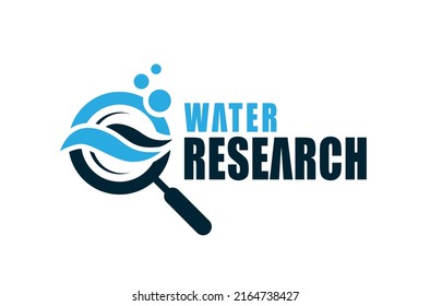 Estudio del medio ambiente del agua Diseño de logotipo símbolo vectorial ilustración de la onda oceánica del agua de mar y la ampliación de la burbuja de agua y vidrio de investigación. Perfecto para el medio ambiente y muchos servicios de negocios creativos.