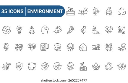 Ícones da Web do ambiente Definidos em estilo de linha ou estrutura de tópicos relacionados ao ambiente. Ícones para aplicativos móveis e da Web. Coleção de ícones linear. Traçados editáveis. Ilustração vetorial.