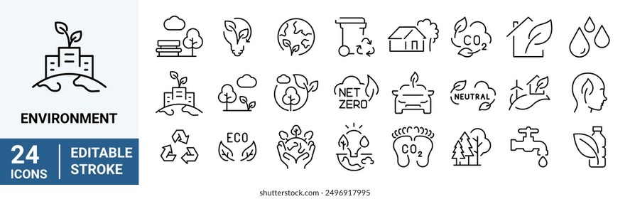 Environment web line icon set. Containing recycling, plant, nature, eco, earth, green energy, trees, ecology and more.