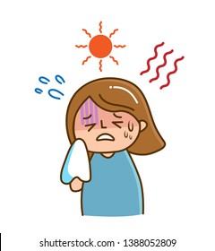 An environment where the girl susceptible to heat stroke and summer sunstroke risk in very hot day. Health care Concept. Vector illustration.