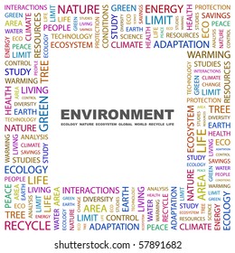 ENVIRONMENT. Word collage on white background. Illustration with different association terms.