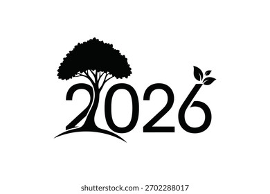 Concepto ambiental del año 2026 con el árbol creciente y el logotipo de las hojas aislados en el fondo blanco, Vector