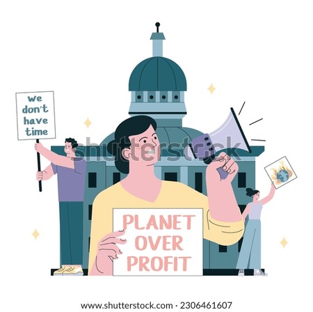 Environmental activism. Demonstration draw attention to climate change. Protesting characters with posters for nature conservation. Global sustainability campaign. Flat vector illustration