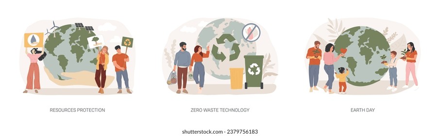 Environmental activism isolated concept vector illustration set. Resources protection, zero waste technology, Earth Day, save planet, climate change, reuse reduce recycling vector concept.