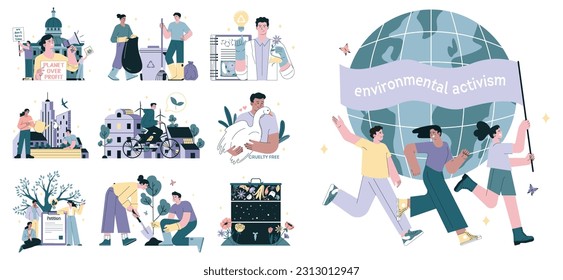 Environmental activism set. Community taking action of climate protection and nature conservation. Global sustainability campaign or movement. Society responsibility. Flat vector illustration