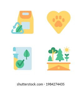 Environmental activism vector flat color icon set. Ecology and green movement. Roof garden. Pet care. Animal protection. Cartoon style clip art for mobile app pack. Isolated RGB illustration bundle