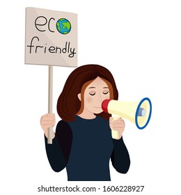 Environmental activist. Eco friendly. Vector illustration of protesting eco-activists with posters on demonstration.