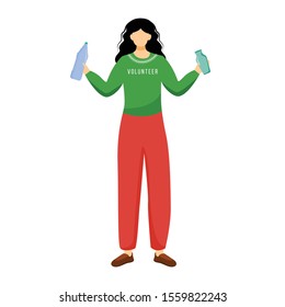 Environmental activist flat vector illustration. Volunteer holding plastic bottle isolated cartoon character on white background. Voluntary nature protection. Zero waste policy design element