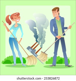 Environmental activists boy and girl clean green planet of garbage and air pollution