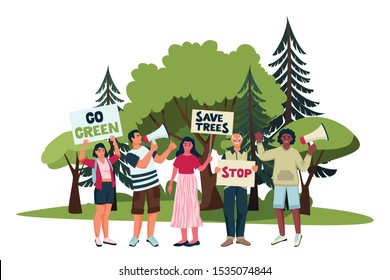 Environmental activists campaign against deforestation. Vector flat cartoon illustration of protesting eco-activists with posters on demonstration. Saving forests and trees eco concept.