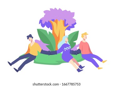Environmental activists campaign against deforestation vector. Protesting eco-activists chained around tree, demonstration action. Saving forests and trees, eco strike concept, civil position
