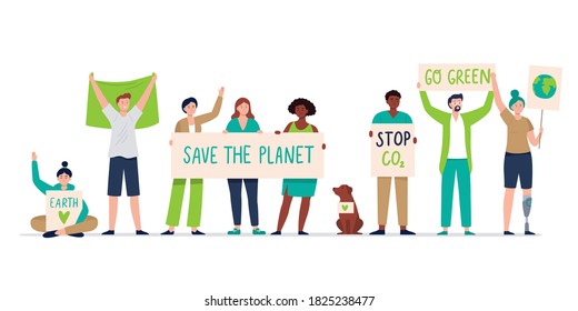 Environmental Activists Draw Attention To Climate Change. People With Posters On Demonstration. Protesters, Climate Change, Save Our Planet. Vector Flat Illustration.