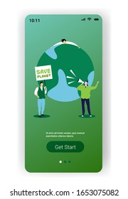 activistas medioambientales sostienen afiches salvando a los manifestantes del planeta haciendo campaña para proteger la tierra manifestandose contra el calentamiento global, espacio de copia completa, pantalla de smartphone aplicación vector ilustración