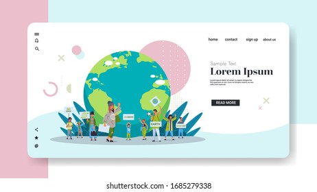 environmental activists holding posters go green save planet concept mix race protesters campaigning to protect earth demonstrating against global warming horizontal copy space full length vector