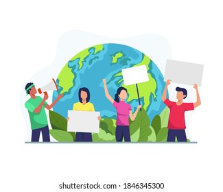 Environmental activists illustration. Environmental activists draw attention to climate change, Staged demonstrations. Protesting eco-activists with posters on demonstration. Vector in flat style