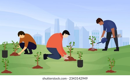 Environmental activists plant tree seedlings in country side forest area, reforestation for green city concept vector illustration, reforestation with planting tree seeds