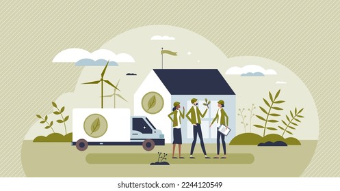 Environmental agency with nature protection, care or control tiny person concept. Green, sustainable and ecological company with awareness for organic and renewable resources usage vector illustration