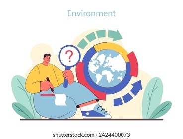 Environmental analysis in PEST framework. Analyst evaluating ecological factors with global implications. Eco-conscious business planning. Flat vector illustration.