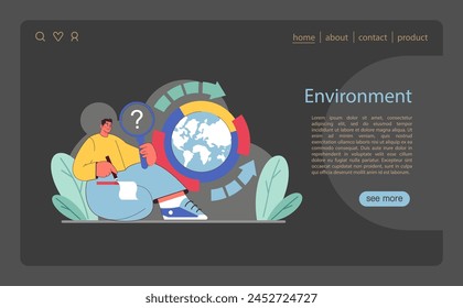Environmental analysis in PEST framework. Analyst evaluating ecological factors with global implications. Eco-conscious business planning. Flat vector illustration.